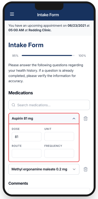 Intake form: typing to search and select a medication